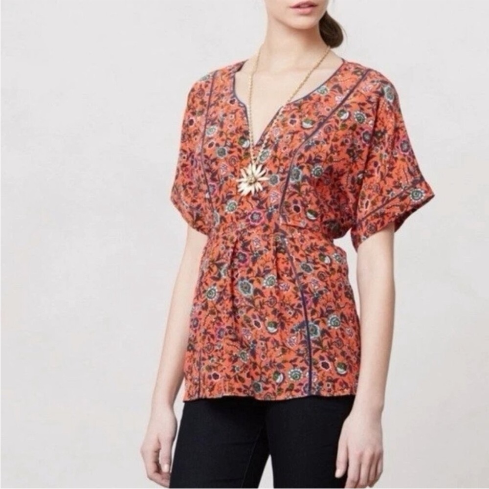 Maeve Anthropologie Orange and Blue Floral Silk Kimono Style Tie Blouse Sz XS